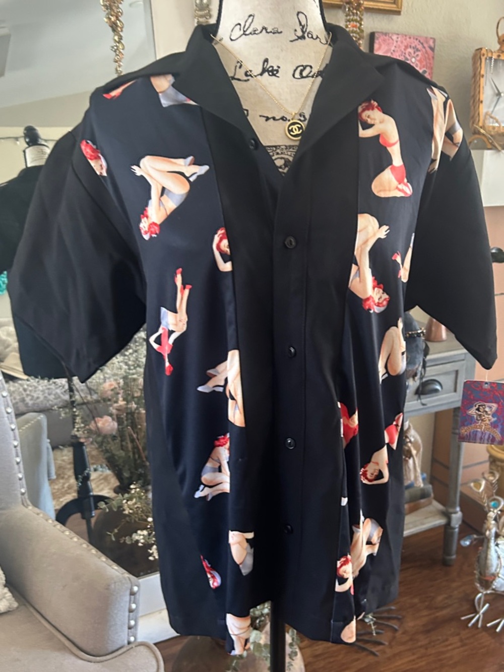 Retro Black Button-Up Bowling Shirt with Pinup Girls